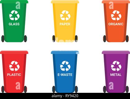Poubelles de recyclage coloré blanc isolé, vector set. De grands conteneurs pour le tri des déchets - recyclage plastique, verre, métal, e-déchets, matières organiques, le papier. Illustration de Vecteur