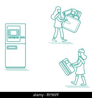 Vector illustration avec deux filles utilisent ATM services. Carte bancaire, porte-monnaie, billet, monnaie. La gestion des finances personnelles. Pour la conception d'affiches, bannières ou prin Illustration de Vecteur