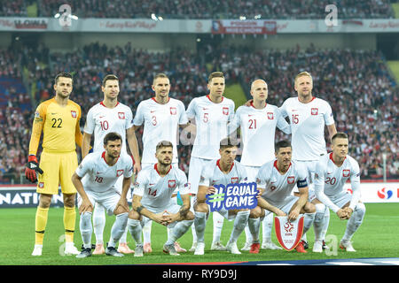 CHORZOW, Pologne - 11 octobre 2018 : Nations Unies Division de la Ligue de football un groupe 3 match Pologne vs Portugal 2:3 . Équipe de Pologne. Banque D'Images