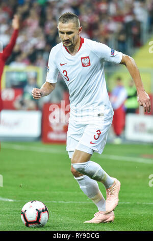 CHORZOW, Pologne - 11 octobre 2018 : Nations Unies Division de la Ligue de football un groupe 3 match Pologne vs Portugal 2:3 . En action Artur Jedrzejczyk Banque D'Images