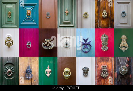 Ensemble de heurtoirs de porte décoratif sur une porte en bois à partir de Malte Banque D'Images