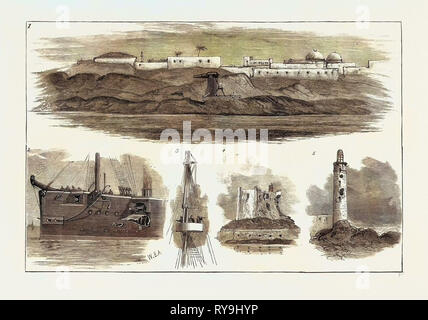 La guerre en Egypte : Après le bombardement d'Alexandrie, le 11 juillet 1882 : 1. Canons rayés, sur les chariots dans les Fortifications Moncrieff, 2. Dommages subis par le H.M.S. 'Superb' au cours de l'action, A. Le lieu où une coquille entré, B. Résultat de l'éclatement de la coquille, 3. Un 'Top' du navire dans la lutte contre de caisse, 4. Tower, fort de Pharos, 5. Le phare, montrant les dommages causés par l'artillerie britannique Banque D'Images