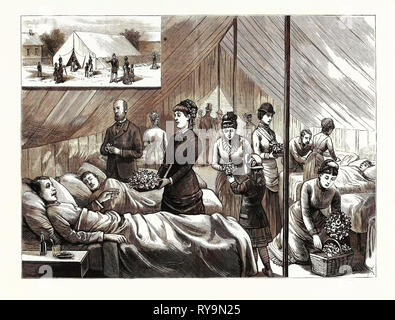 New York : Mesdames de la fleur et les fruits sur les patients en attente de Mission, à l'hôpital tente sur Ninety-Ninth Street, U.S., gravure 1880 1881 Banque D'Images