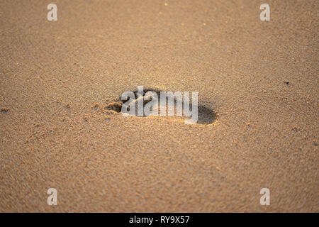 Texture background empreinte de pieds humains sur le sable au lever du soleil Banque D'Images