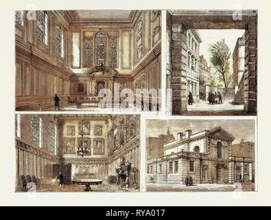 La vente de Serjeants Inn' : 1. Vue de l'auberge par Archway à de Chancery Lane, 2. L'extérieur de la salle, 3. Intérieur de la salle, 4. La 'Chapelle Banque D'Images