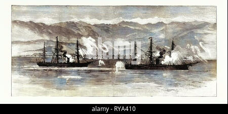 La guerre civile au Chili : les navires de guerre d'insurgés l'échange de coups de feu avec la Ville d'Iquique Banque D'Images