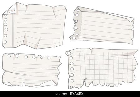 Morceaux de papier déchirés note mémo quatre fragments fixés, vector cartoon illustration design horizontal de l'élément, plus isolés, blanc Illustration de Vecteur