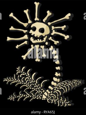 Fleur d'os squelette dessin couleur caricature surréaliste, Halloween, illustration vectorielle, vertical sur fond blanc Illustration de Vecteur