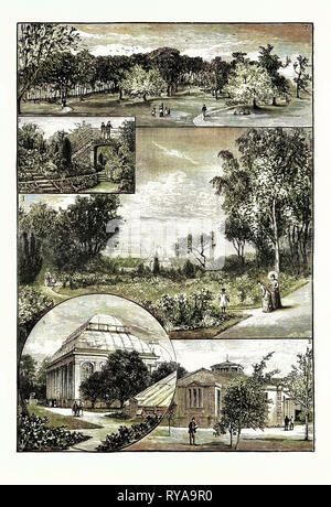 Édimbourg : le Royal Botanic Gardens 1.Vue générale des jardins 2. L'Arboretum 3. Rock Garden 4. Maisons 5 Palm. La salle de classe et l'entrée au Musée Banque D'Images