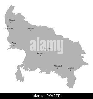 Carte de haute qualité de l'Uttar Pradesh est un état de l'Inde. Avec les principales villes location Illustration de Vecteur