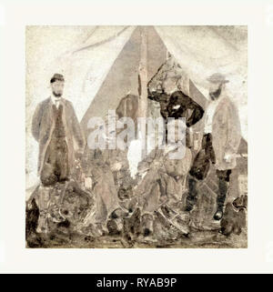 American Civil War : Pris sur le champ de bataille d'Antietam 18 octobre [...] 1.Geo. H. Bangs, 2. Wm. B. Moore, Secy de [...] 3. Allan Pinkerton, 4. John C. Babcock, 5. A. K. Littlefield, Groupe au siège des services secrets à Antietam, Maryland, debout devant une tente. Part Nombres écrits sous chacun des cinq hommes correspondent à une liste au verso. Photo, à l'albumine Banque D'Images