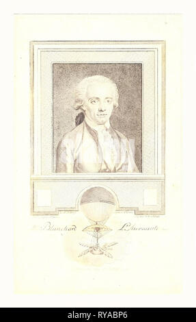 M. Blanchard, après la nature par M. Bolomey , Benjamin Samuel, 1739-1819, l'artiste, un Rotterdam : Chez M. D'Sallieth, entre 1780 et 1800 , Tête-et-épaules Portrait d'aéronaute français Jean-Pierre Blanchard. Inclut l'image de Blanchard's Balloon démontrant ses expériences avec la navigation de ballon Banque D'Images