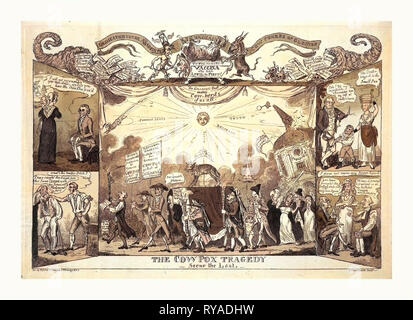 La tragédie de la vaccine, la dernière scène, Cruikshank, George, 1792 à 1878, Artiste, Londres, 1812, Procession funéraire montrant cercueil étiqueté vaccination de plus de 12 ans sur lequel se dresse un veau d'or, quatre vignettes, deux de chaque côté, présente des scènes réalistes liées à la varicelle de vache Banque D'Images