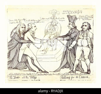 Les Tories et les Whigs tirant d'une couronne, Londres, 1789, George, Prince de Galles, assis sur un trône en arrière-plan en attendant les résultats d'un remorqueur de guerre au cours de la Couronne (et Régence du Prince) entre les conservateurs représentés par Edward Thurlow et William Pitt et les Whigs représenté par Edmund Burke et Charles Fox. La maladie de George III (1788-1790) a soulevé la question de la limite de Régence du Prince Banque D'Images