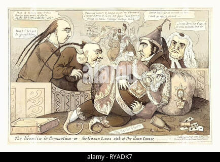 Le Kremlin en tumulte ou le grand Lama malade de la Corne de l'acide cholique, 1820, le roi George IV tombé au sol, il l'estomac, les embrayages sont près de lui un plan pour un divorce, un décanteur et tasse, cartes et dés. Dans l'arrière-plan se trouve son ex-épouse Caroline sur le point d'être couronné par la Justice, et entourée de ses fidèles partisans Banque D'Images