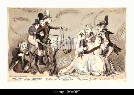 La Mégère apprivoisée, Katharine et Petruchio, Le Moderne Quixotte, ou, ce que vous voulez, Gillray, James, 1756-1815, gravure de 1791, Catherine II, s'évanouir et se détournent de William Pitt, qui apparaît comme Petruchio, et Don Quichotte à cheval (un maigre et marqué George III dont l'Autorité a été usurpé par Pitt), assis derrière Pitt sont le roi de Prusse et d'une figure représentant la Hollande comme Sancho Panza, Selim III s'agenouille pour embrasser la queue de cheval, un Gaunt figure représentant le vieil ordre en France et à l'assistance de rendu Léopold II Catherine par l'empêcher de tomber au sol Banque D'Images