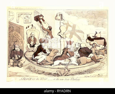 Un bloc pour les perruques ou, l'État nouveau, Whirligig Gillray, James, 1756-1815, l'artiste, gravure 1783, un carrousel sur lequel asseoir les ministres Charles Fox, Lord North, Edmund Burke et de l'amiral Keppel. Poutre dans le centre de la plate-forme de carrousel est un pilier surmonté d'un buste du roi George III, une perruque et Union Jack suspendu au dessus de la poitrine. Dans l'arrière-plan deux voleurs abaisser un grand paquet dans la fenêtre d'un immeuble. Une inscription au-dessus de la caricature se lit la maison de John Bull pauvres piller avait à midi 24 Banque D'Images