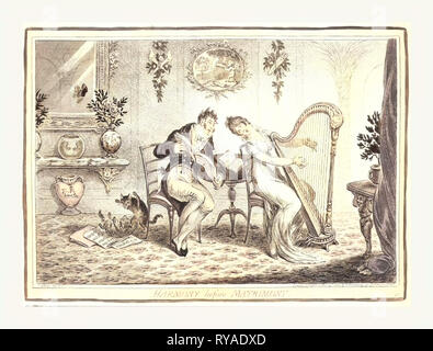 L'harmonie avant le mariage, Gillray, James, 1756-1815, graveur, [Paris], 1805, une jeune femme et un jeune homme à chanter un duo. La femme joue de la Harpe tout en regardant par-dessus son épaule à la Music Book, des duos de L'Amour, dont l'homme est titulaire. Sur la table entre les deux est une copie d'art de l'amour. Deux chats jouent sur des feuilles de musique, deux poissons rouges nagent dans un bol, deux roses poussent dans un vase. D'autres images reflètent le concept de couples et l'amour Banque D'Images