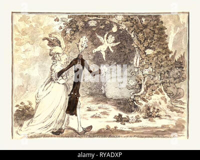 La Bower nuptial, avec le Malin, lorgnant au charmes de l'Eden, de Milton, [Paris] : publiée. Par H. Humphrey, 1797, William Pitt l'Escorte Eleanor Eden à un Vine-Shaded Bower dans lequel sont trois grands sacs avec la livre sterling Symbole sur eux, représentant possiblement Pitt, la dette. Grappes de raisins, couronnes, et de médaillons, suspendu de rubans, se suspendre à la tonnelle. Un Devil-Like créature, l'Evil-One, Représentant Charles James Fox, pairs autour de la Tonnelle de la droite Banque D'Images