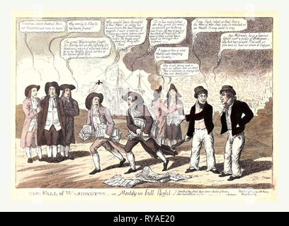 L'automne de Washington ou Maddy en plein vol, Caricature montrant le président James Madison et probablement John Armstrong, son secrétaire de la guerre, à la fois avec des paquets de papiers, fuyant de Washington, avec un immeuble en flammes derrière eux Banque D'Images