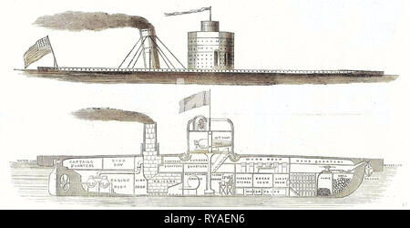 La guerre civile en Amérique les États-Unis Weehawken Gun-Boat l'un des cuirassés neuf engagés dans le bombardement de Charleston le 2 mai 1863--ce navire montre qu'environ 16 pouces au-dessus de l'eau. Tour sa tourne au moyen d'un petit moteur et son poids repose sur l'axe central de la partie inférieure qui porte sur l'. Entre autres la quille Lors de l'intervention toutes les ouvertures de ventilation sont fermées d'être tenus par deux ventilateurs qui aspirent de l'air du haut de la tour et l'Boiler-Furnace réalise l'ensemble de l'air vicié. En cas de l'ennemi de l'embarquement d'armes à feu peuvent être exercées sur le pont et Hand-Grenades jeté Banque D'Images