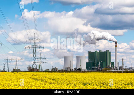 DAS Brunkohlekraftwerk Schkopau mit Stromleitungen vor einem Rapsfeld Banque D'Images