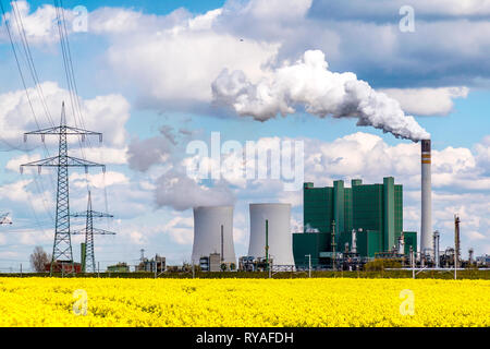 DAS Brunkohlekraftwerk Schkopau mit Stromleitungen vor einem Rapsfeld Banque D'Images