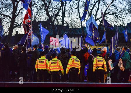 Londres, Royaume-Uni. Mar 12, 2019. Rester en face des partisans du Parlement en tant que député de débat et vote sur PM Theresa peut traiter Brexit révisé. Credit : Claire Doherty/Alamy Live News Banque D'Images