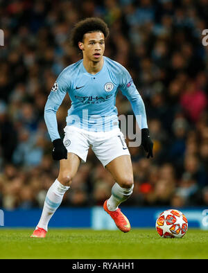 Manchester, UK. Mar 12, 2019. Leroy Sane de Manchester City lors de la Ligue des Champions Tour de 16 deuxième match de jambe entre Manchester City et Schalke 04 à l'Etihad Stadium le 12 mars 2019 à Manchester, en Angleterre. (Photo de Daniel Chesterton/phcimages.com) : PHC Crédit Images/Alamy Live News Banque D'Images