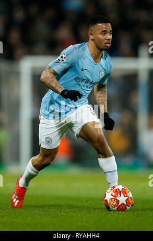 Manchester, UK. Mar 12, 2019. Gabriel Jésus de Manchester City lors de la Ligue des Champions Tour de 16 deuxième match de jambe entre Manchester City et Schalke 04 à l'Etihad Stadium le 12 mars 2019 à Manchester, en Angleterre. (Photo de Daniel Chesterton/phcimages.com) : PHC Crédit Images/Alamy Live News Banque D'Images