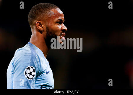 Manchester, Belgica. Mar 12, 2019. Sterling pendant le match entre Manchester City et Schalke 04 s'est tenue au stade Etihad à Manchester, Ma. Le match est le deuxième tour de qualification de l'UEFA Champions League 2018/19 ronde de 16. Crédit : Marco Galvão/FotoArena/Alamy Live News Banque D'Images