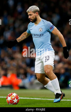 Manchester, Belgica. Mar 12, 2019. Aguero pendant le match entre Manchester City et Schalke 04 s'est tenue au stade Etihad à Manchester, Ma. Le match est le deuxième tour de qualification de l'UEFA Champions League 2018/19 ronde de 16. Crédit : Marco Galvão/FotoArena/Alamy Live News Banque D'Images