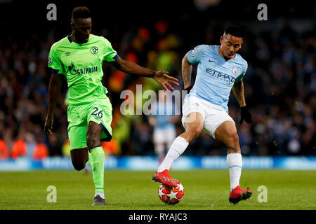 Manchester, Belgica. Mar 12, 2019. Gabriel Jésus pendant le match entre Manchester City et Schalke 04 s'est tenue au stade Etihad à Manchester, Ma. Le match est le deuxième tour de qualification de l'UEFA Champions League 2018/19 ronde de 16. Crédit : Marco Galvão/FotoArena/Alamy Live News Banque D'Images