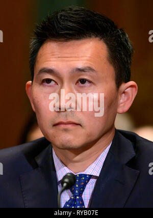 Washington, États-Unis d'Amérique. Mar 13, 2019. Kenneth Lee Kiyul témoigne devant le comité du Sénat des États-Unis sur l'appareil judiciaire sur sa nomination pour être juge de Circuit des États-Unis pour le Neuvième Circuit sur la colline du Capitole à Washington, DC le mercredi 13 mars, 2019. Credit : Ron Sachs/CNP Crédit dans le monde entier | conditions : dpa/Alamy Live News Banque D'Images