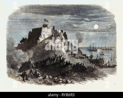 La visite de la reine à Jersey. Le Clair de lune sur le Mont Orgeuil Château, avec l'Escadron Royal se trouvant à l'ANCRE, 1859 Banque D'Images