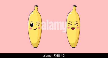 Kawaii Cute Cartoon, banane fruit mûr. Cartoon Vector illustration de banane jaune avec un clin et rire Face, Funny icônes emoji. Fruité doux Sticke Illustration de Vecteur