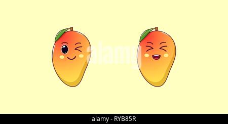 Kawaii Cute Cartoon Mangue, fruits tropicaux. Vector illustration de rouge-jaune mangue mûre avec un clin et rire Face, Funny icônes emoji. Fruité juteux S Illustration de Vecteur