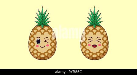 Kawaii Cute Cartoon ananas, fruits mûrs. Cartoon Vector illustration de l'ananas avec un clin et rire Face, Funny icônes emoji. Tropicaux juteux Sticke Illustration de Vecteur