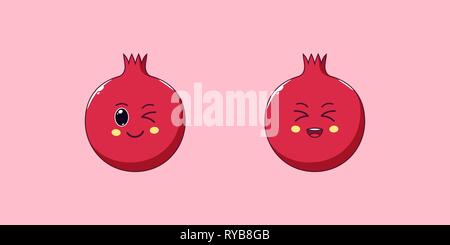 Kawaii Cute Cartoon grenat, des fruits mûrs. Cartoon Vector illustration de Grenade avec un clin et rire Face, Funny icônes emoji. Autocollant fruité juteux. Illustration de Vecteur