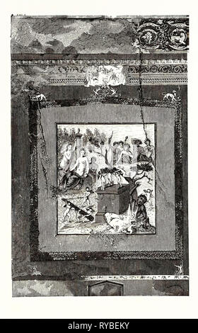 Fresque de la maison de Siricus à Pompéi : Hercule est vaincu par Bacchus à qui il a été fait. Sport Cupids autour de lui et son club alors que le Héros se trouve dans un état d'intoxication sans défense sur le terrain Banque D'Images