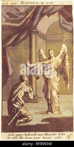 Cornelius s'agenouille devant l'ange envoyé à lui, Jan Luyken, imprimer bouilloire : Anonyme, 1712 Banque D'Images