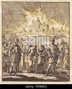 Israélites quitter Jérusalem, qui est en train de brûler, imprimer bouilloire : Jan Luyken, Jan Rieuwertsz. II, Barent Visscher, 1706 Banque D'Images
