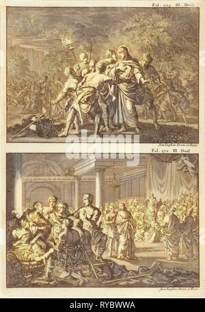 L'Arrestation du Christ et Peter refuse le Christ, Jan Luyken, Willem Broedelet, 1700 Banque D'Images