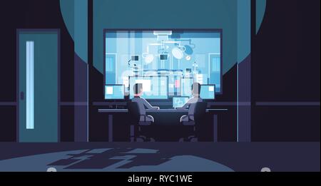 Deux hommes à la recherche de moniteurs à assis derrière la fenêtre en verre de table d'opération des hôpitaux médicaux chirurgie chambre sombre office interior sécurité surveillance Illustration de Vecteur