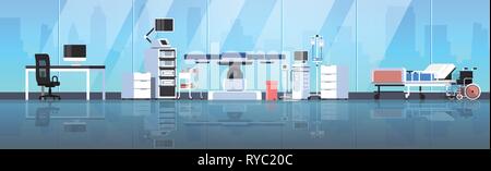Table d'opération de l'hôpital médical propre salle d'opération de l'équipement moderne de l'intérieur de la clinique de la santé au travail médecin mur de verre cityscape background Illustration de Vecteur