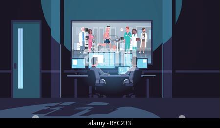 Deux hommes regardant derrière une vitre moniteurs patient contrôle groupe de médecins s'exécutant sur un tapis roulant bureau sombre science cardiologie surveillance d'intérieur Illustration de Vecteur