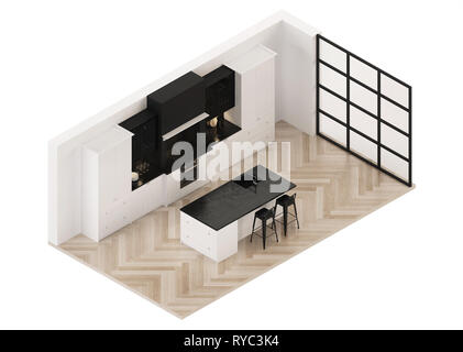 Cuisine moderne de l'intérieur. Classique Moderne. Projection orthogonale. Vue de dessus. Le rendu 3D. Banque D'Images