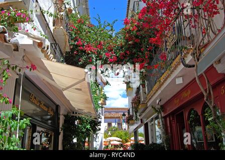 Ruelle commerçante étroite menant au carré orange dans la vieille ville de bougainvilliers pendaison depuis les balcons, Marbella, Espagne. Banque D'Images