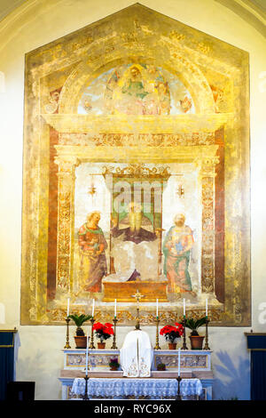 Sant'Antonio Abate tra i Santi Paolo Eremita e Marcello (1508) de Pietro Vannucci connu comme 'il Perugino' (1450 - 1523) - chiesa di San Pietro, Città della Pieve, Pérouse, Italie Banque D'Images