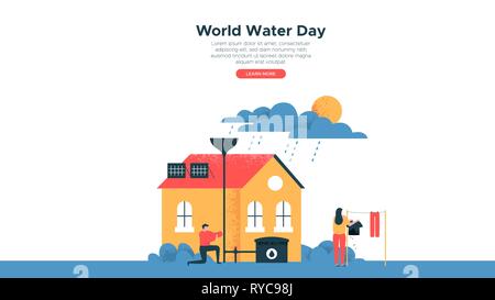 Journée mondiale de l'illustration, landing page web template de personnes activités vie eco friendly house pour les eaux douces et la nature sensibilisation hel Illustration de Vecteur